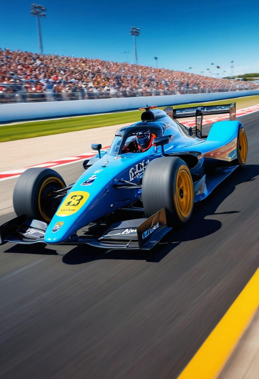 A sleek, modern race car speeding around a track with a digital overlay displaying GPS tracking data and vibrant maps. In the background, blurred spectators cheer, highlighting the excitement of auto racing. Emphasize motion and precision, capturing the thrill of competition. Include elements representing technology, such as satellites and signals in a blue sky. super-realistic. vibrant colors. dynamic perspective.