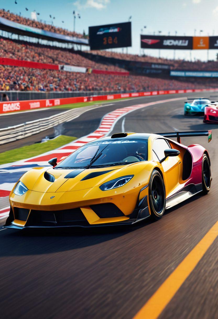 A dynamic racing scene showcasing colorful racing cars on a vibrant track, with clear indicators showing real-time performance stats like speed and lap time. Include excited spectators in the background, vibrant banners, and a digital scoreboard displaying analytics. The cars should have sleek designs, and the atmosphere should feel exhilarating and joyful. vibrant colors. super-realistic.