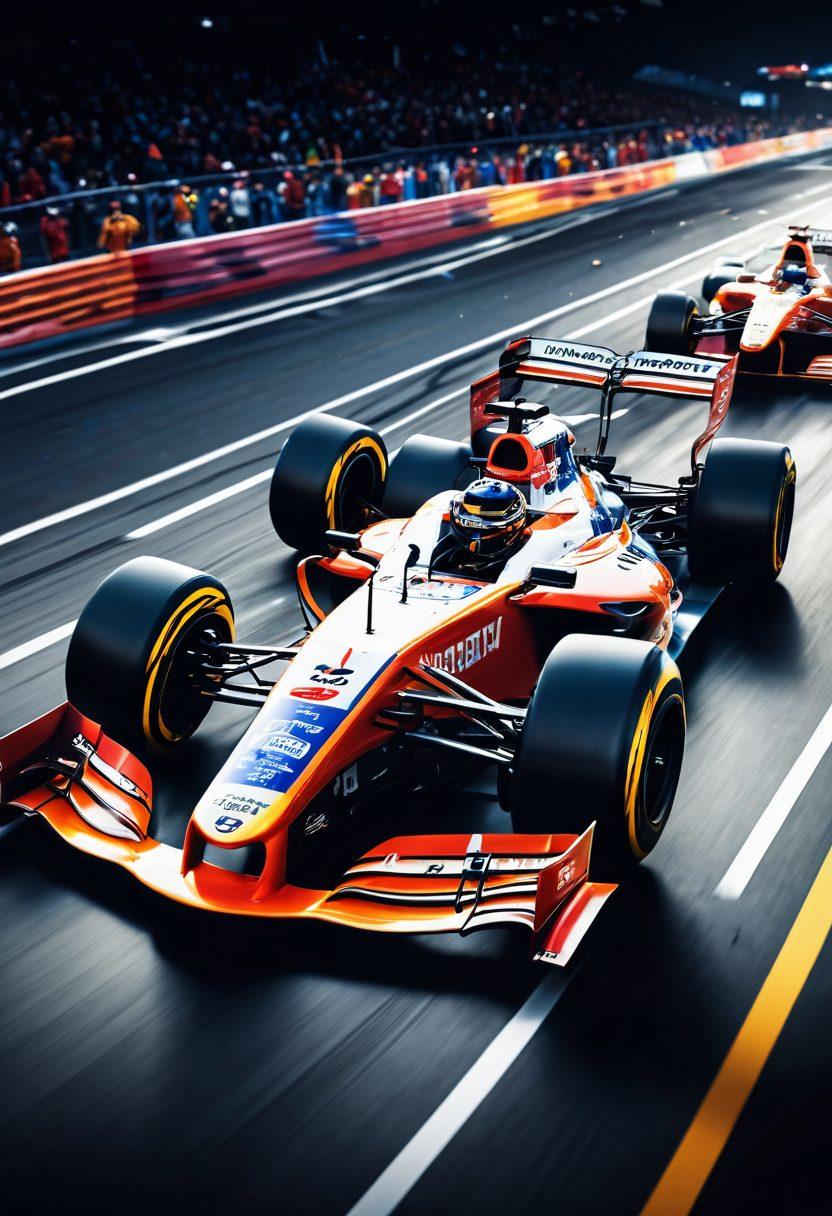 A dynamic motorsport scene illustrating high-speed racing cars with data overlays showcasing performance analytics graphs and statistics. The background features a cheering crowd and a pit stop, capturing the excitement of the race. Include vibrant colors to emphasize the energy and intensity, and a sleek, modern design aesthetic to reflect the advanced technology in motorsports. super-realistic. vibrant colors. 3D.